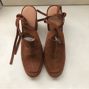 Sigerson Morrison Posie Ankle Wrap Suede Loafer Pumps Block Heels